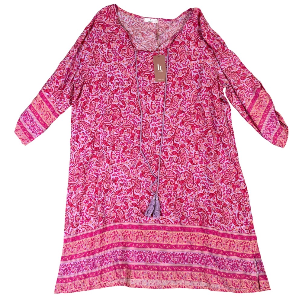 NWT Hotouch Pink Paisley Swim Cover Up Dress Tassel Tie Roll Tab Sleeve Large